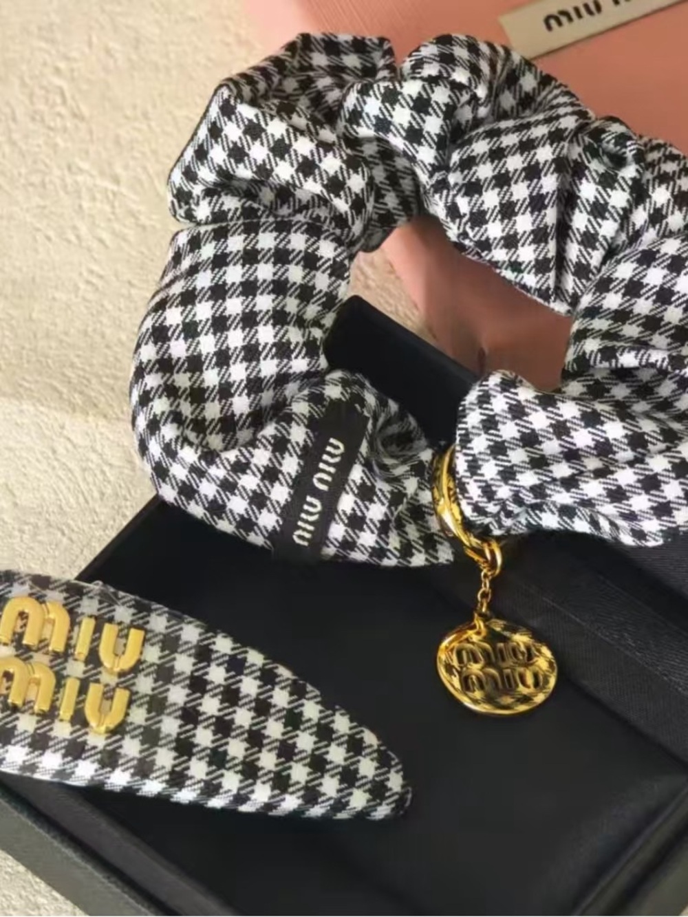 Miu Miu Black & White Houndstooth Scrunchie with Gold Charm Pendant